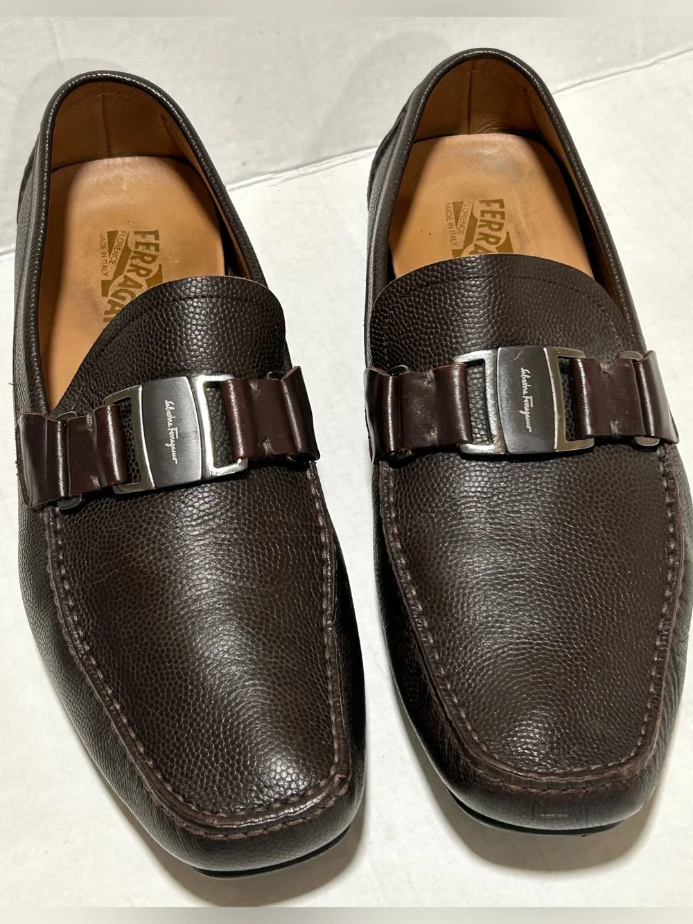 Salvatore Ferragamo Dark Brown Pebbled Leather Bit Loafers